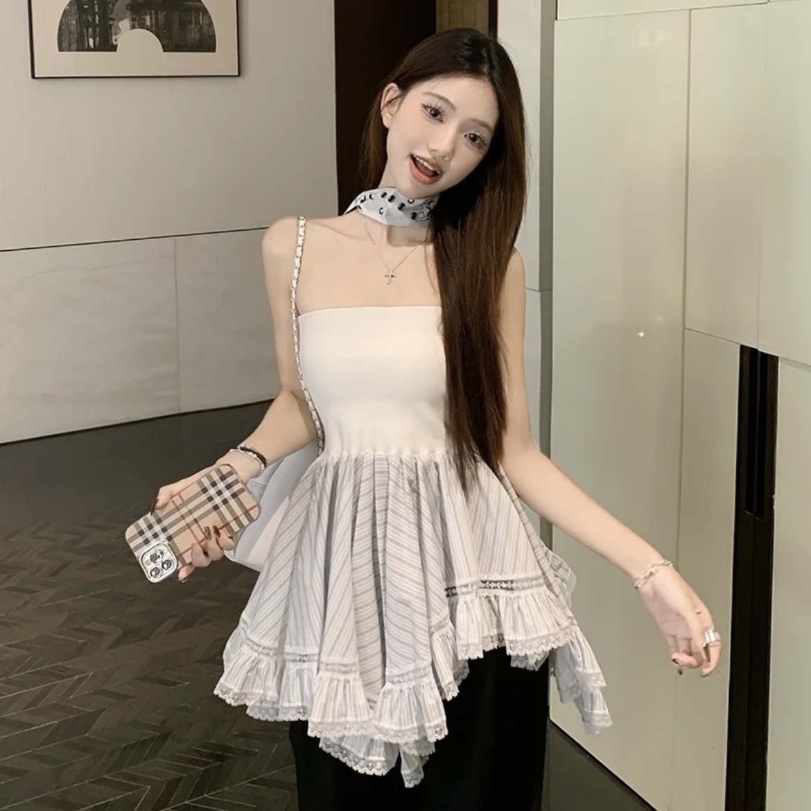 Irregular design and strapless vest for women in summer two-piece skirt lace spliced ​​inside tops outside
