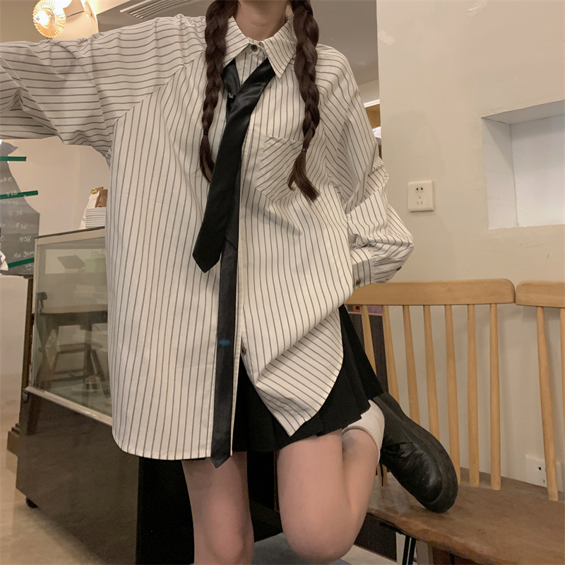 實拍 條紋插肩袖肌理感襯衫春秋女長袖寬鬆襯衣百搭復古上衣