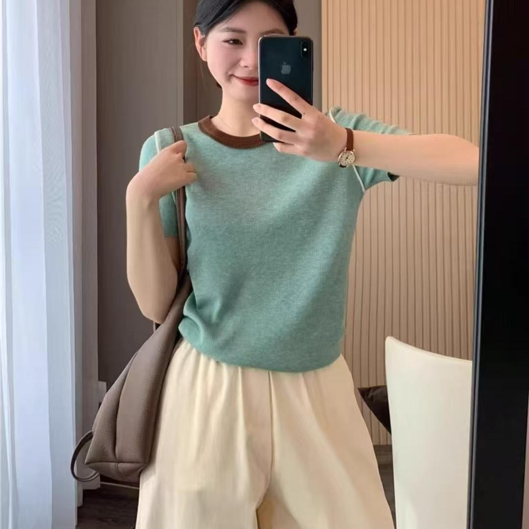 Six wool knitted sweaters with good quality contrasting color round neck versatile short-sleeved sweaters make you look thin