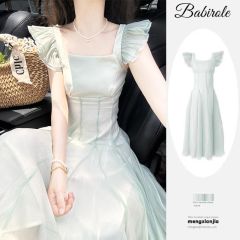 長裙2025新款夏季女裝雪紡拼接A字裙收腰修身飛飛袖冷淡風連衣裙