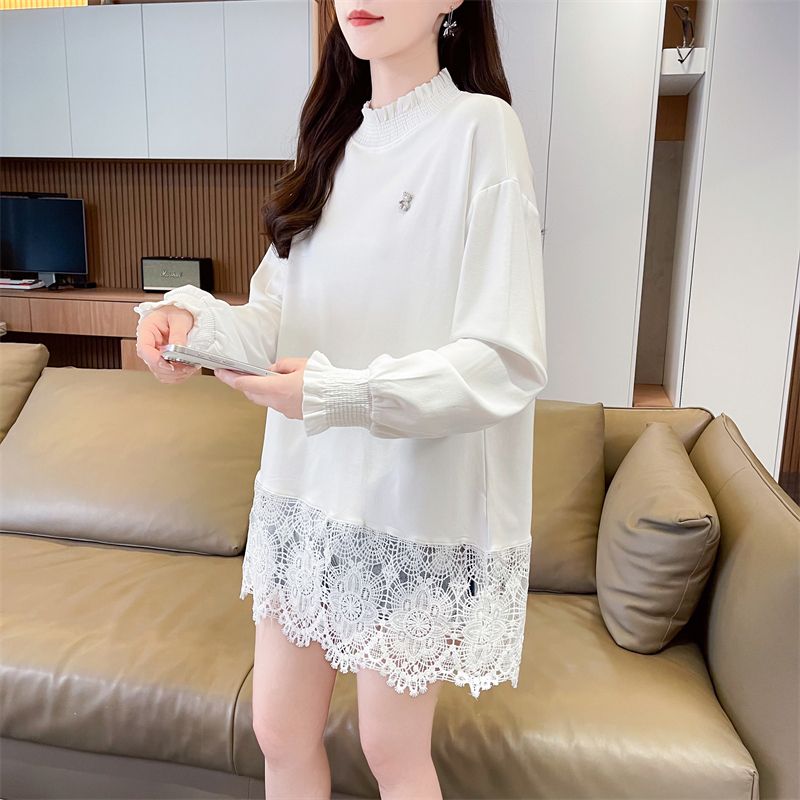 Real photos of German velvet lace splicing fake two-piece cartoon long-sleeved T-shirt for women's spring and autumn new loose top
