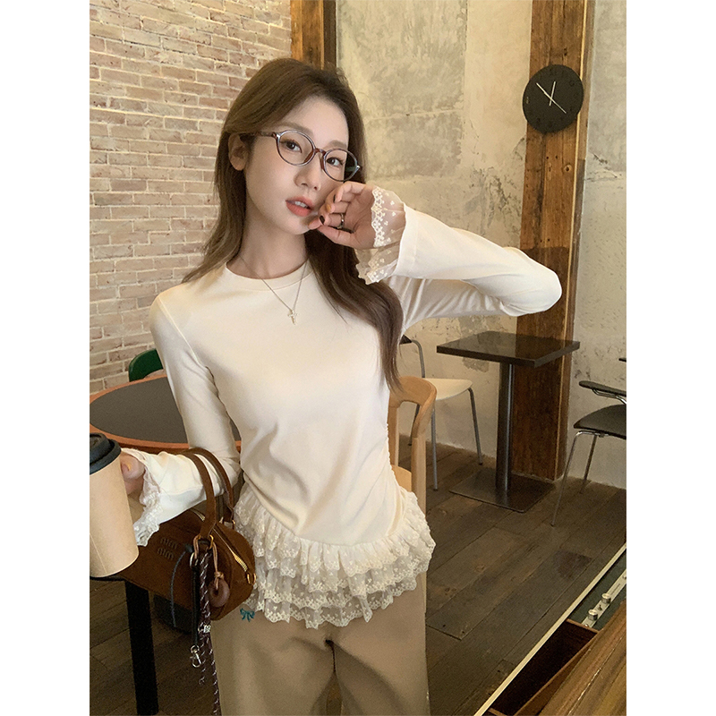 Real shot of high-end temperament lace lace half high neck long sleeve T-shirt for women solid color inner collar top