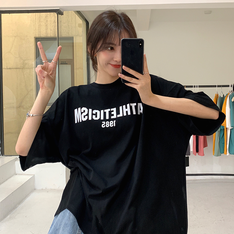 Pure cotton 200g simple letters T-shirt for women's short-sleeved trendy design niche summer ins Korean top