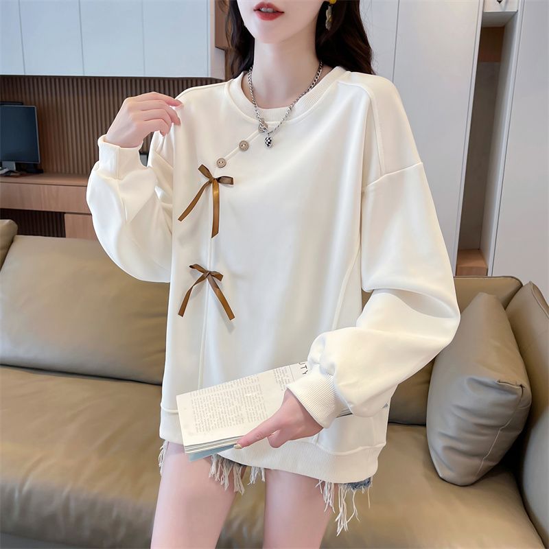Real photos of Hua Cotton round neck sweatshirt for women's new spring and autumn fashionable age-reducing loose design top trendy