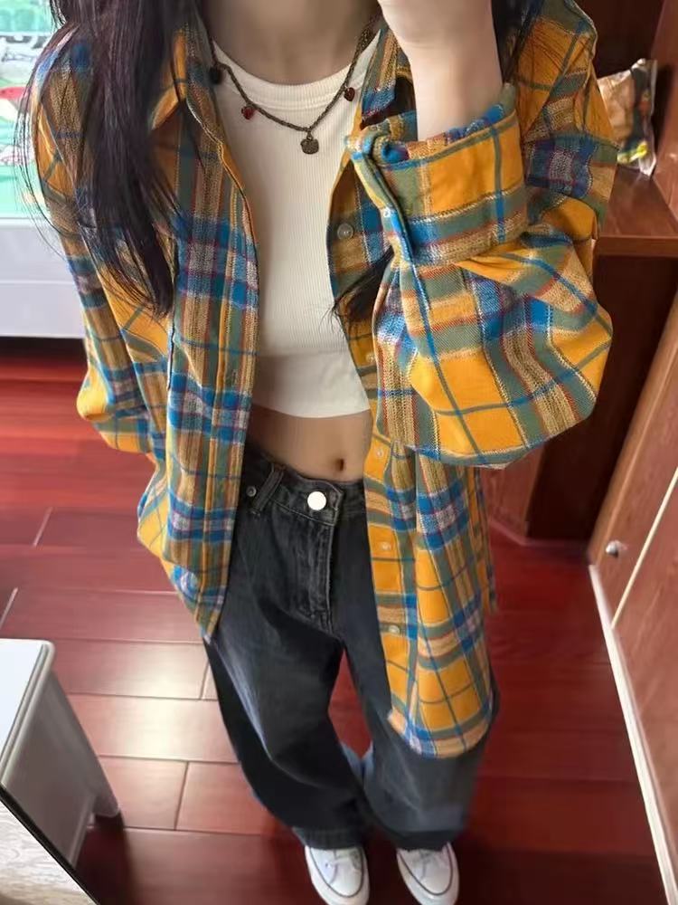 非實拍 黃色格子襯衫女外搭寬鬆ins美式復古小眾防曬小外套潮