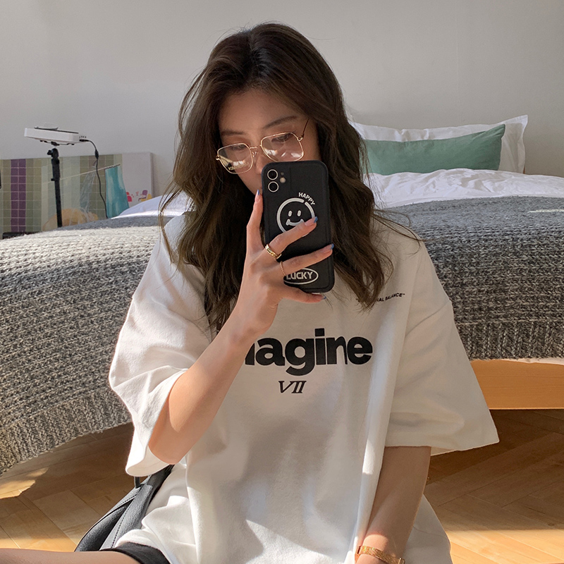 #Real photo 6535 pull-up cotton 2025 loose mid-length letter printed short-sleeved women's T-shirt top