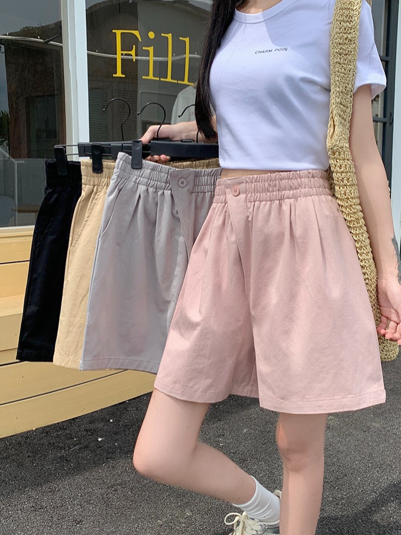 Real shot, 100% cotton, summer wide-leg shorts, women's elastic high-waisted one-button casual pants