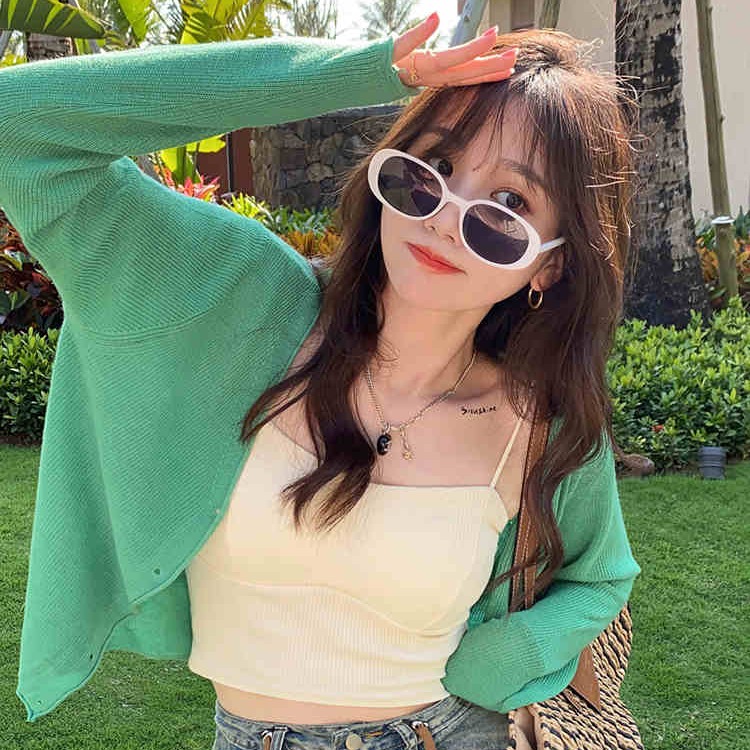 Green ice silk sunscreen knitted cardigan jacket for women in spring 2025 new style thin slim base top