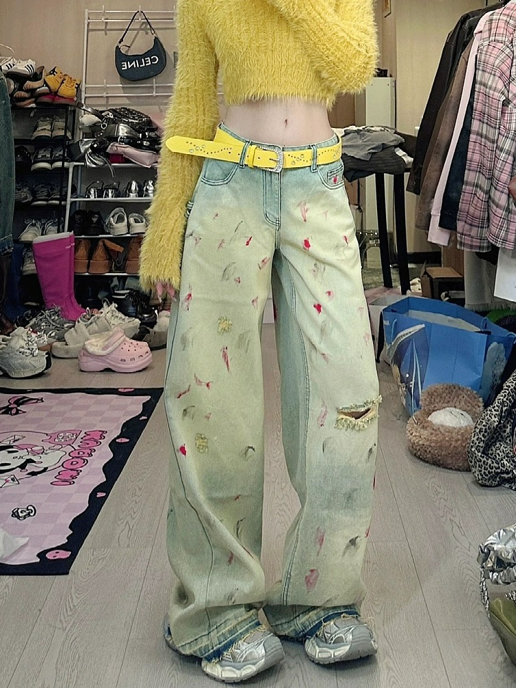 Korean summer new European and American retro ink splash ripped MM jeans women's high street vibe low waist wide-leg pants