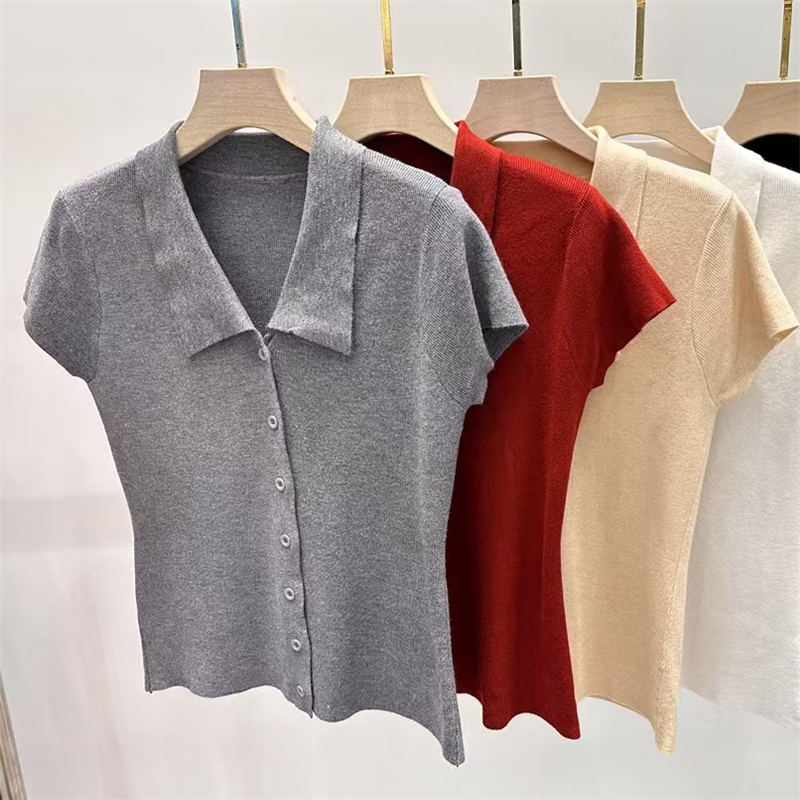 2025 Polo lapel core yarn knitted cardigan short-sleeved T-shirt for women's chic small slim body