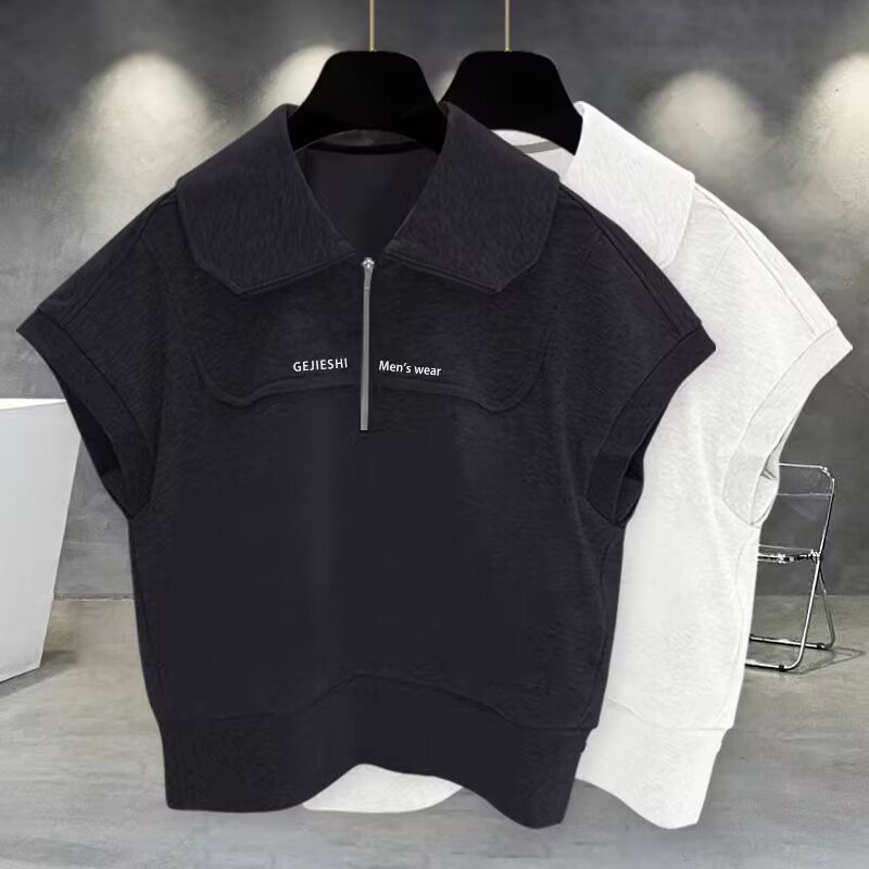 半拉鏈無袖t恤女夏季韓版潮流拼接翻領刺繡設計感外穿上衣服T