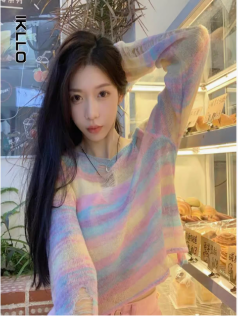 Korean version 2025 color striped long-sleeved sweater for women in summer slim fit hollow thin sun protection top trendy