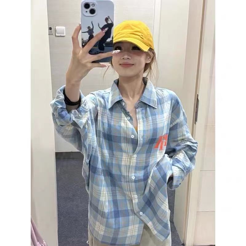 Korean American retro gradient printed plaid shirt for women for spring thin loose couple sun protection long sleeve jacket