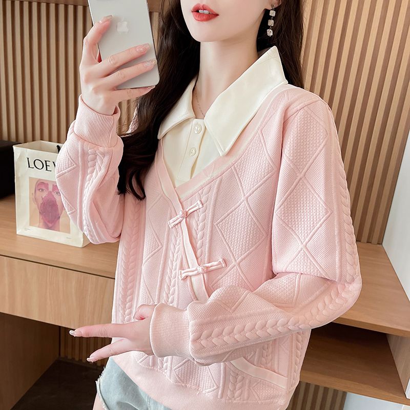 Real shot of polo two-piece sweatshirt for women's new spring and autumn fashionable age-reducing loose large-size women's tops trendy