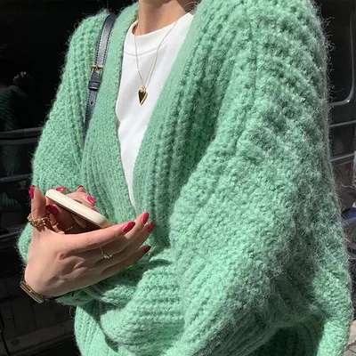 韓版慵懶針織開衫網紅v領毛衣女寬鬆外穿秋冬季新款溫柔上衣外套