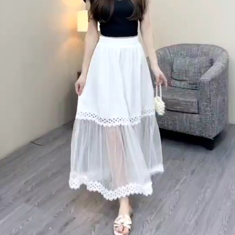 Mesh hollow skirt for women 2025 summer new sweet lace spliced ​​elastic waist mid-length A-line