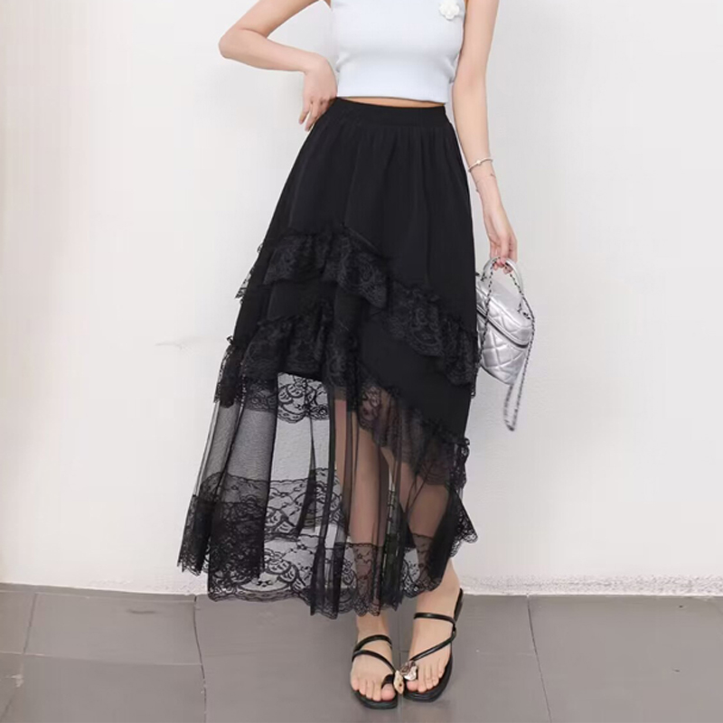 New 2025 high-waisted slim spliced ​​lace skirt design irregular hot girl cake long skirt