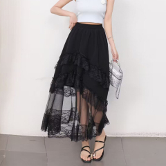 New 2025 high-waisted slim spliced ​​lace skirt design irregular hot girl cake long skirt