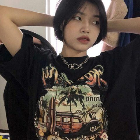 原版足碼外貿韓版新款夏季短袖T恤女韓版寬鬆慵懶原宿上衣chic港