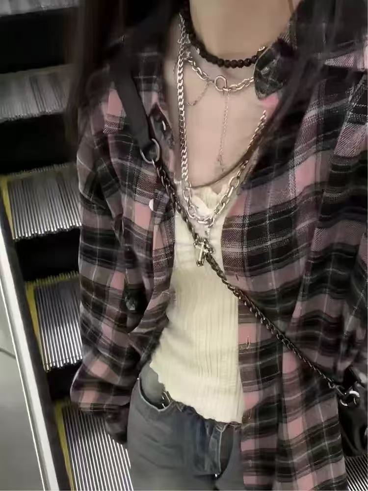 非實拍 復古黑粉格子襯衫外套寬鬆休閒小眾防曬襯衣慵懶上衣