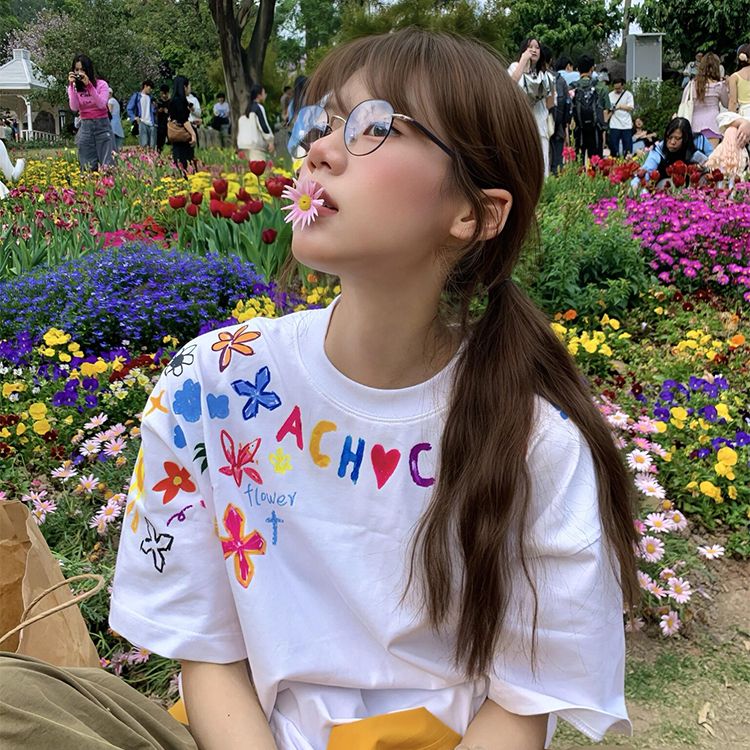 純棉 韓國chic夏季新款韓版美式字母印花圓領寬鬆短袖t恤女上衣潮