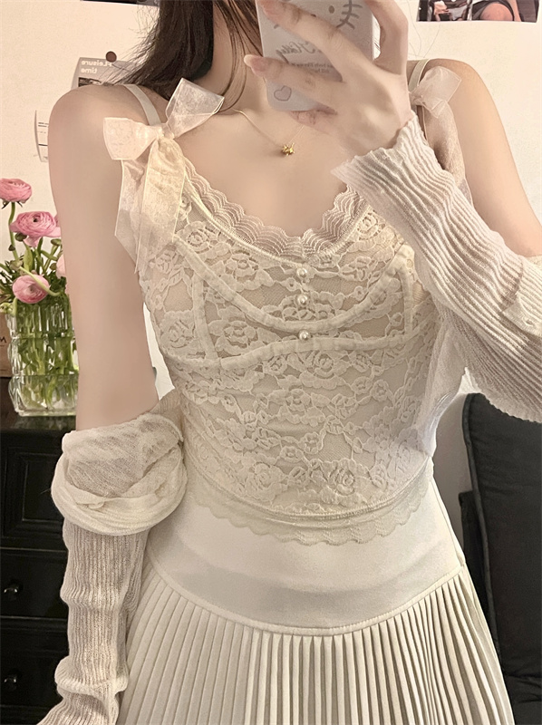 Photographed Unique French Sexy Bow Lace Bralette Camisole Top with Straps for Women's Underwear Trendy