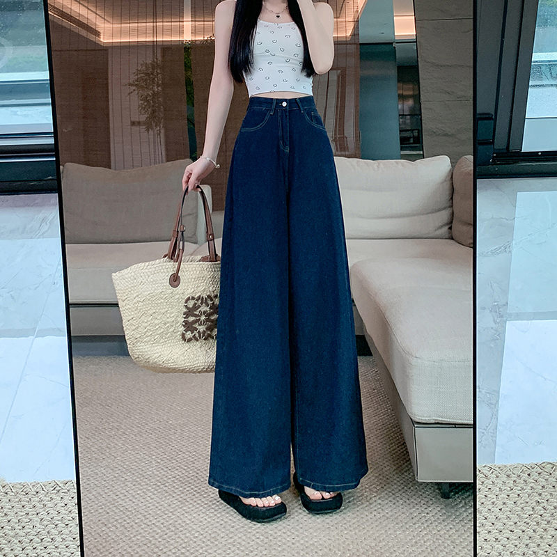 Real shot~Design-sensual blue wide-leg jeans for women in summer retro loose high waist straight-leg trousers floor-sliding pants