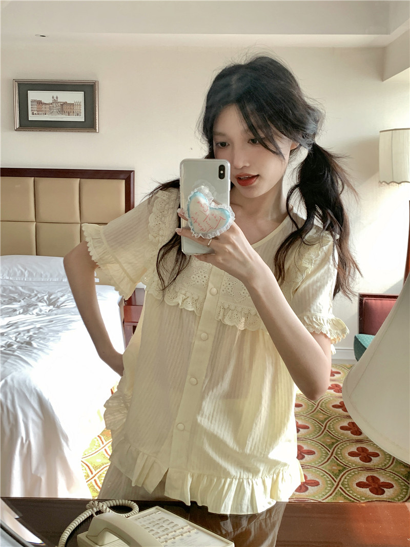 實拍韓版甜美小清新寬鬆透氣純棉提花短袖休閒家居服套裝