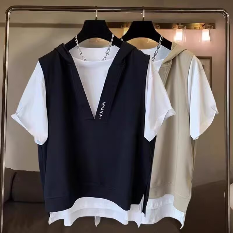 Women's Summer New Japanese Streetwear Embroidered Hooded Short Sleeve T-shirt Loose Fit Casual T-shirt