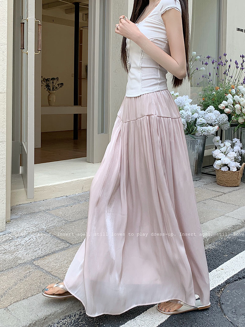 Real shot~ New Korean style glitter silk splicing skirt with high waist slim drooping A-line large hem skirt