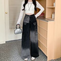 Real shot~design-sensing gradient workwear jeans for women's new American loose casual wide-leg straight trousers