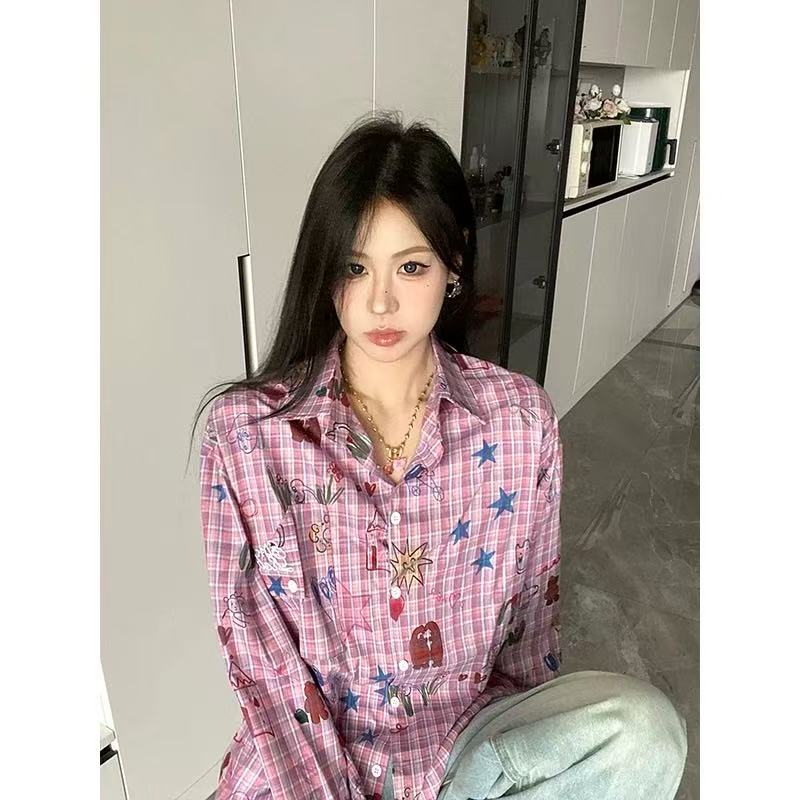 Korean spring and summer new sweet and cool cartoon plaid shirt jacket for women loose lazy style pink shirt long sleeve trendy