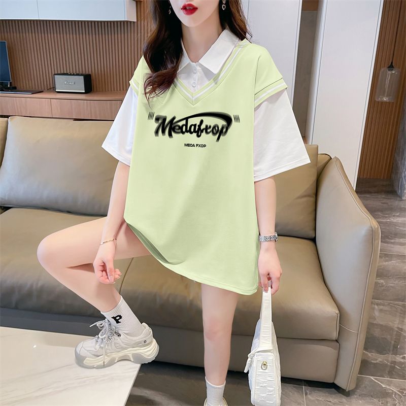 Real shot of polo neck fake two-piece T-shirt large-size women's new summer fashionable age-reducing loose short-sleeved top trendy