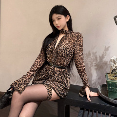 Autumn retro leopard print micro-transparent chiffon shirt for women with belt new thin trumpet long-sleeved top