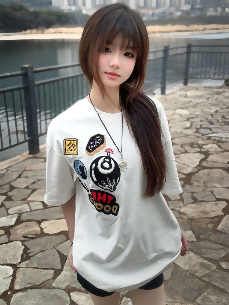 純棉 韓國chic夏季新款韓版寬鬆前後毛巾繡刺繡短袖t恤女百搭上衣