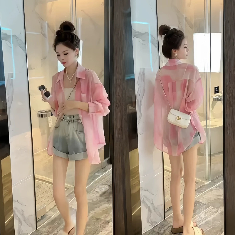 Sweet dopamine quicksand powder long-sleeved sunscreen shirt for women in summer mid-length loose casual and fashionable thin shirt