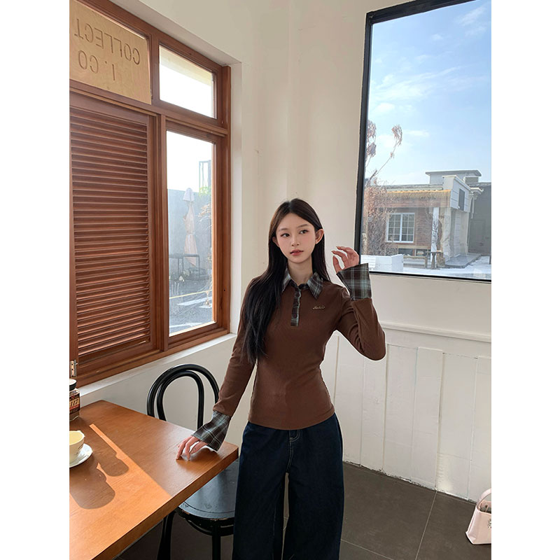 Original Guangzhou fabric Korean plaid polo collar base shirt for women in autumn and winter vacation two-piece inner top