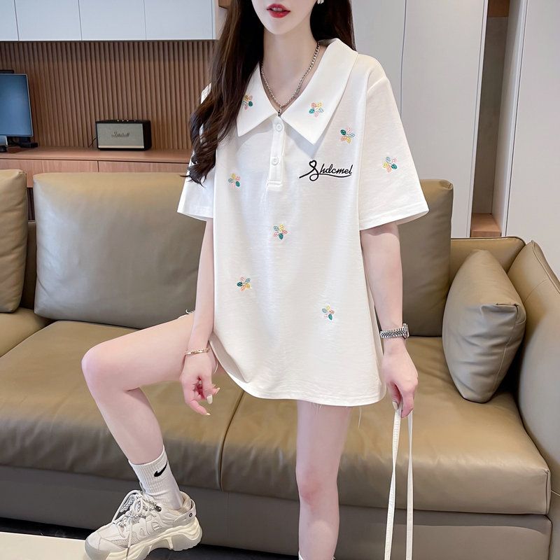 Real shot of polo collar embroidered short-sleeved T-shirt women's summer new loose Korean style design large-size top