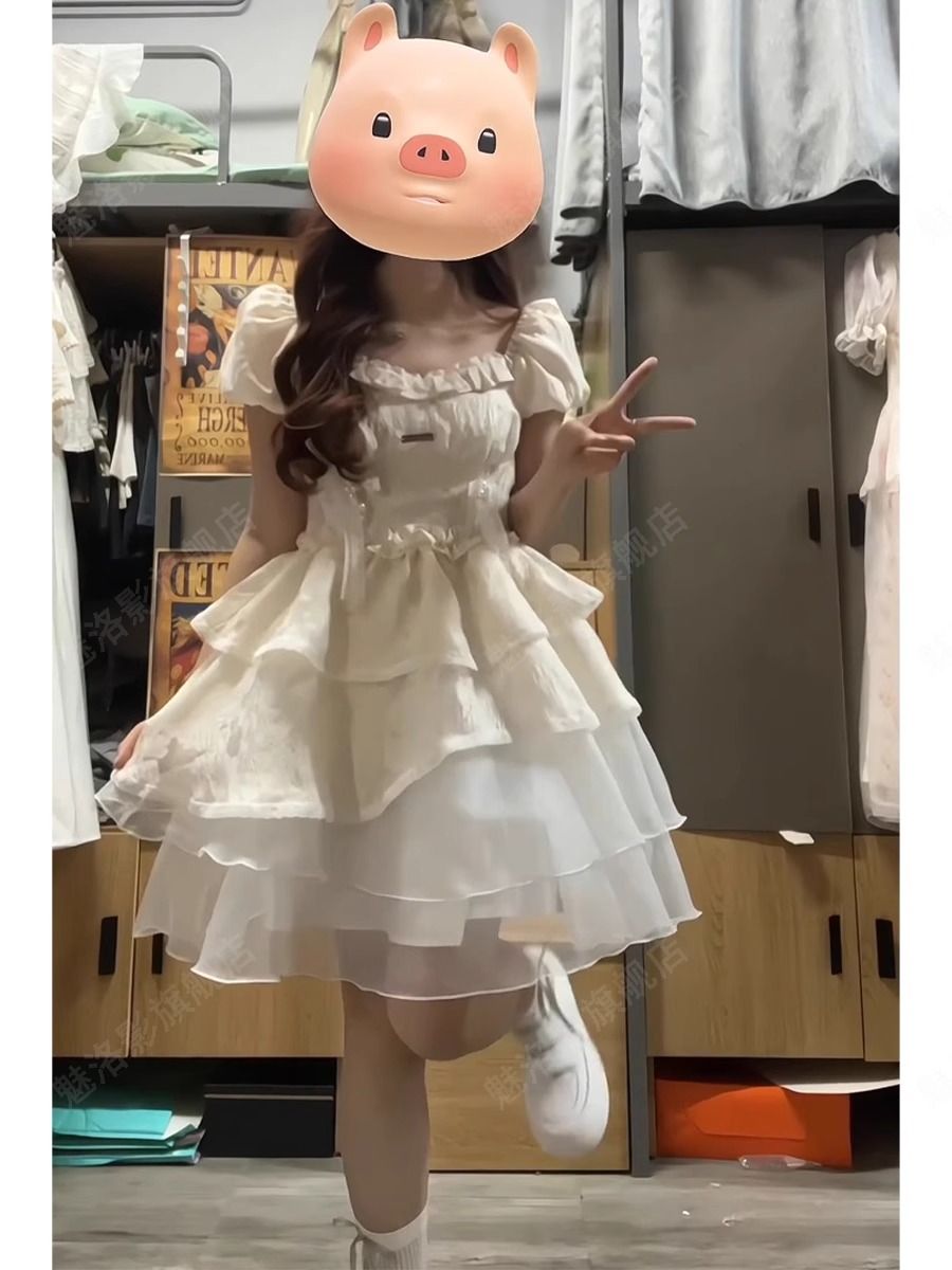 法式初戀泡泡袖連衣裙女夏季設計感蛋糕裙小個子收腰公主蓬蓬裙子