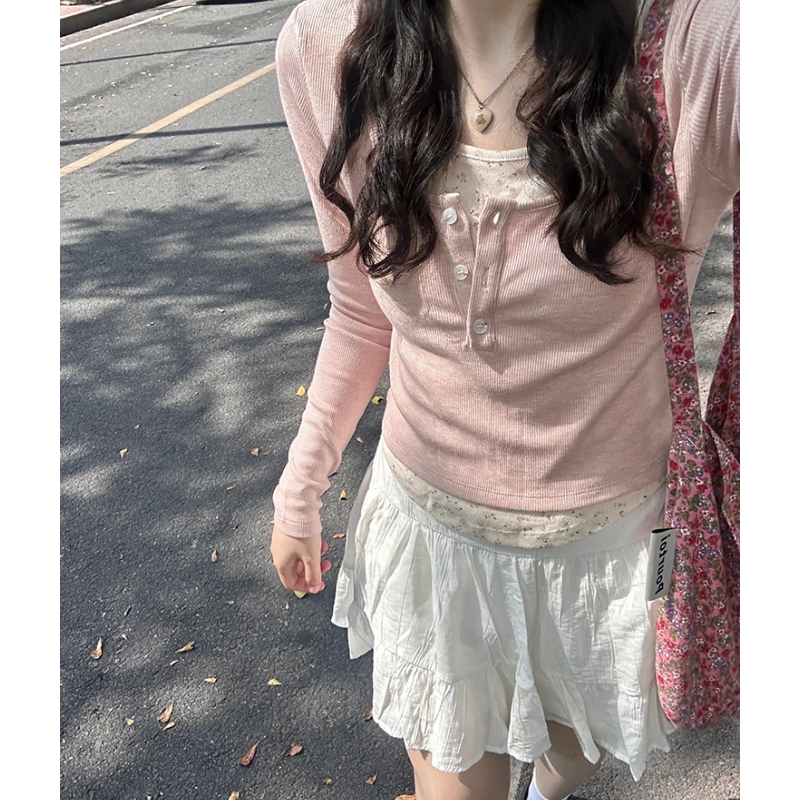 Pink floral fake two-piece sweater for women in spring Korean style gentle sweet inner slim base T-shirt short top