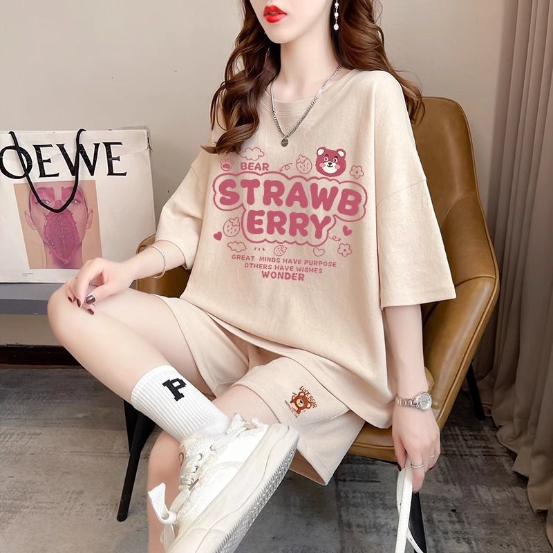 Real photos and smooth cotton casual sportswear suits for summer new style student shorts T-shirts large size two-piece set women's fashion