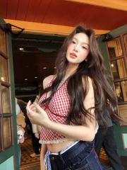 Red plaid vest suspender for women in summer splicing lace inner v-neck sexy halter neck hot girl top