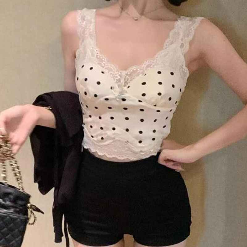 新款法式波點蕾絲拼接吊帶女夏季修身內搭甜辣妹無袖背心短款上衣