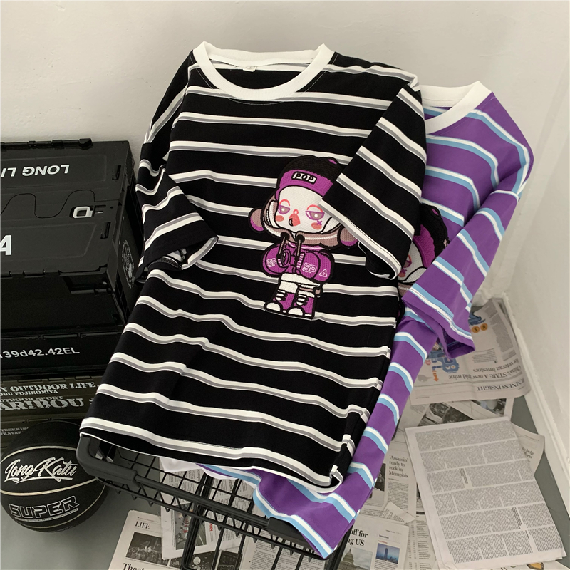 Real-life photo 95 cotton 5 spandex retro trendy brand heavy industry doll embroidered medium-length short-sleeved T-shirt