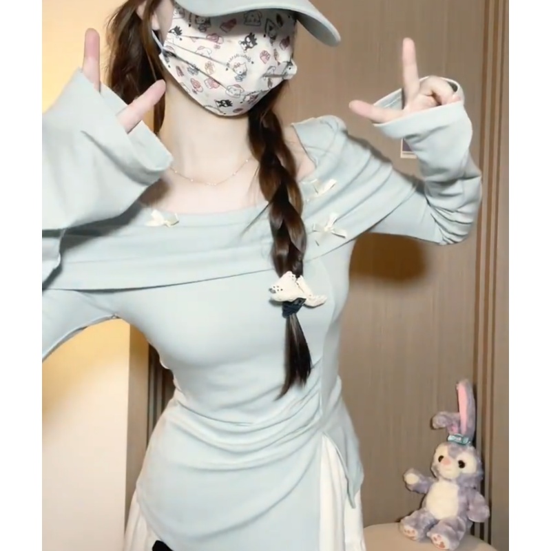 Korean pure desire style one-shoulder long-sleeved T-shirt for women in spring new slim bottoming shirt design top
