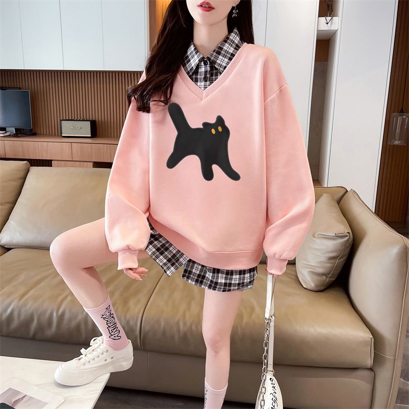 Real shot of plaid polo neck fake two-piece sweatshirt for women's new spring and autumn fashionable age-reducing loose design top