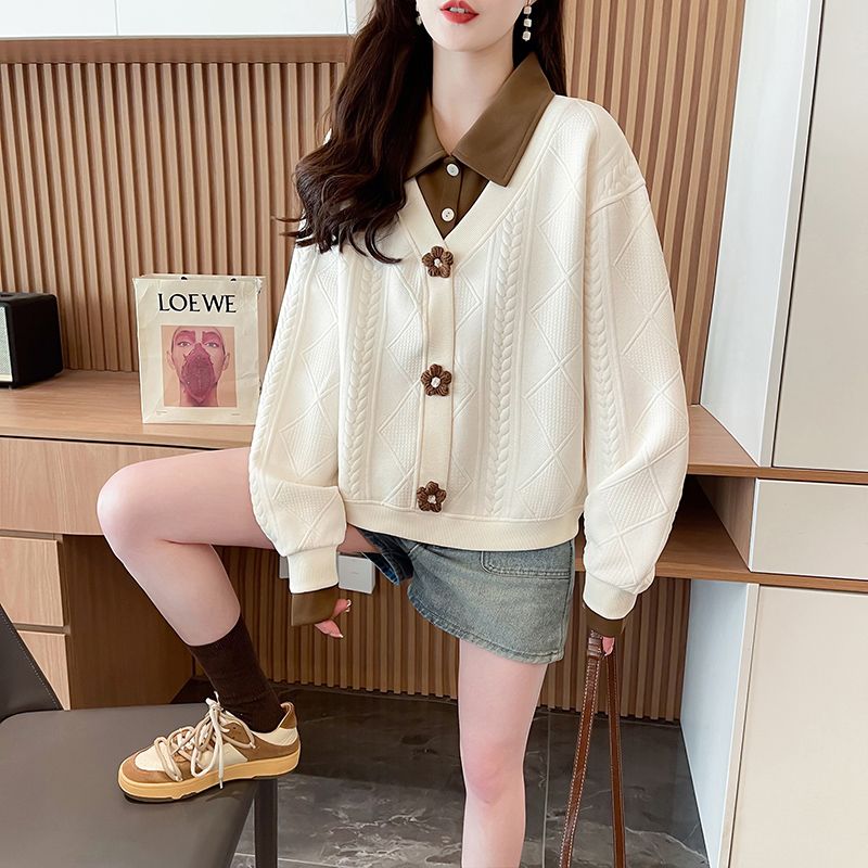 Real shot of polo two-piece sweatshirt for women's new spring and autumn fashionable age-reducing loose large-size women's tops trendy