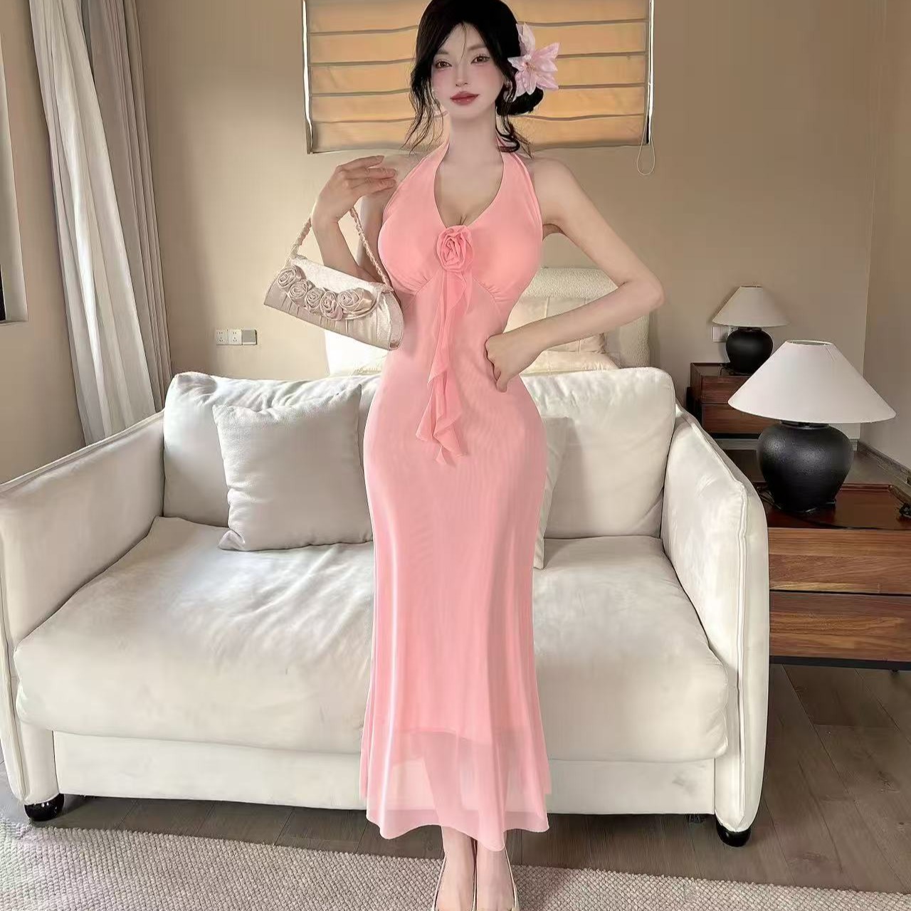 Real photo of sexy lady style flower v-neck suspender mesh dress slim hip fish tail skirt long skirt