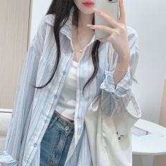 非實拍 藍色休閒豎條紋襯衫春夏新款寬鬆中長款防曬襯衫外套