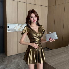 Real shot of sexy low-cut v-neck pleated short-sleeved waist-sleeved dress nightclub temperament work clothes